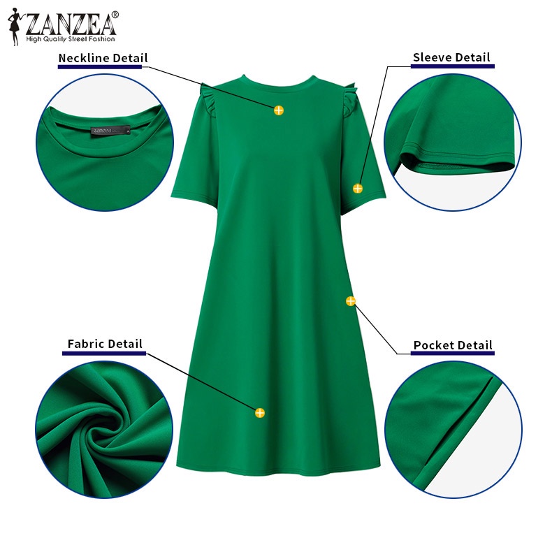 ZANZEA Đầm Tay Ngắn Cổ Tròn Thời Trang Dành Cho Nữ