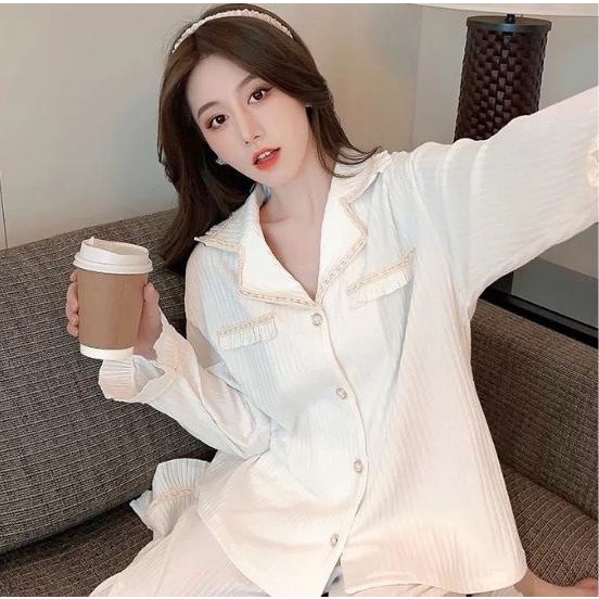 Bộ quần áo ngủ tay dài vải cotton màu trơn thời trang thu đông cho nữ
