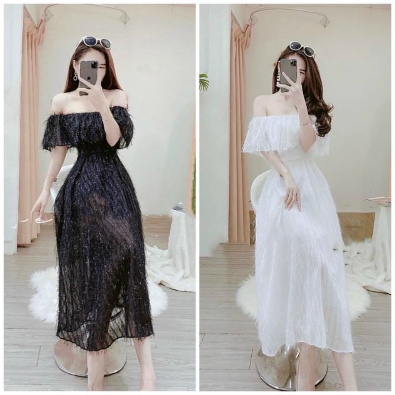 ĐẦM MAXI LÔNG VŨ TRỄ VAI 2 MÀU