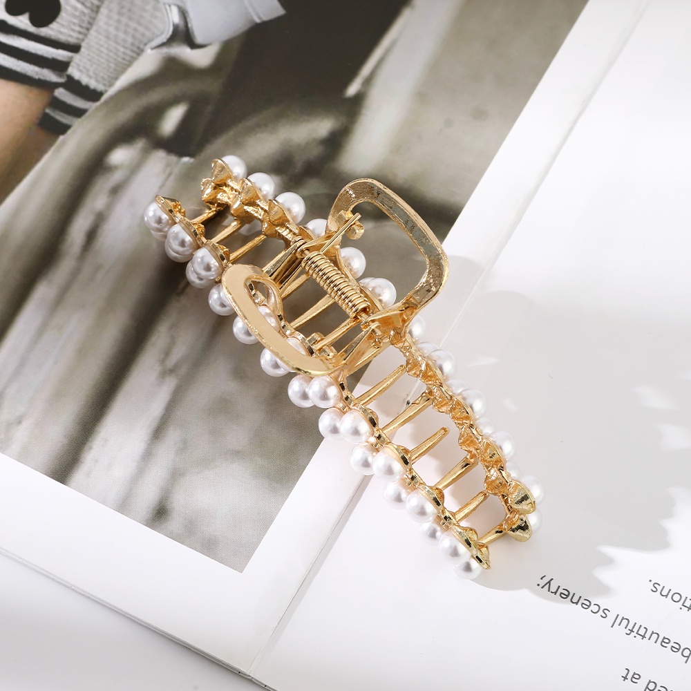 Haimeikang kẹp tóc kim loại lớn đính đá và ngọc trai nhân tạo thời trang