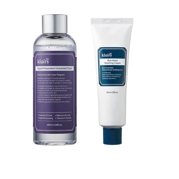 Combo Toner Dear Klairs Supple Preparation Unscented + Kem Dưỡng Dear Klairs Rich Moist Soothing Crea