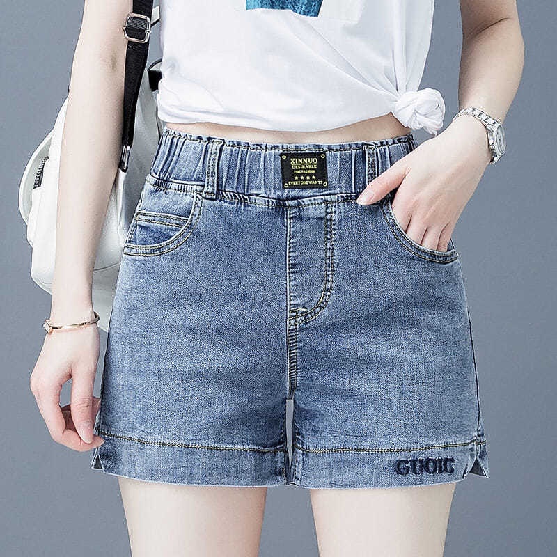 Quần short denim lưng cao ống rộng co giãn thêu họa tiết phong cách Hàn Quốc mẫu mới dành cho nữ 2021