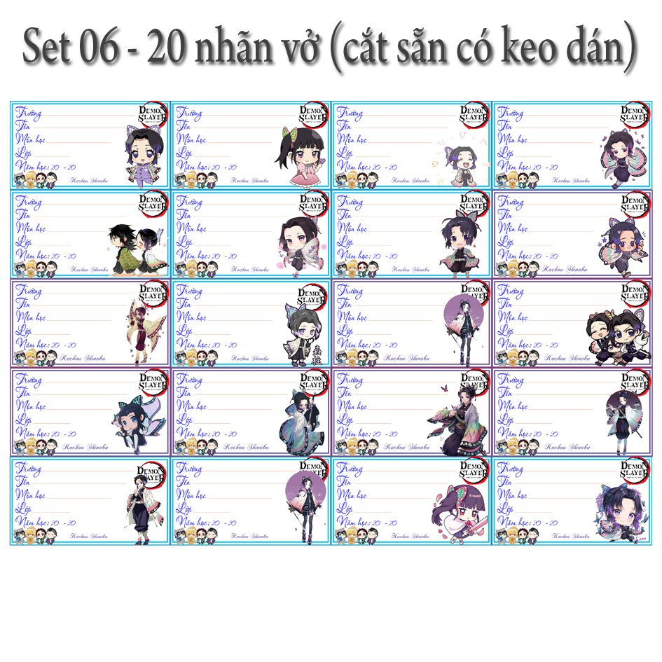 Nhãn vở anime Kimetsu No Yaiba hình chibi ( 1 set 20 cái nhãn vở giá 12k)