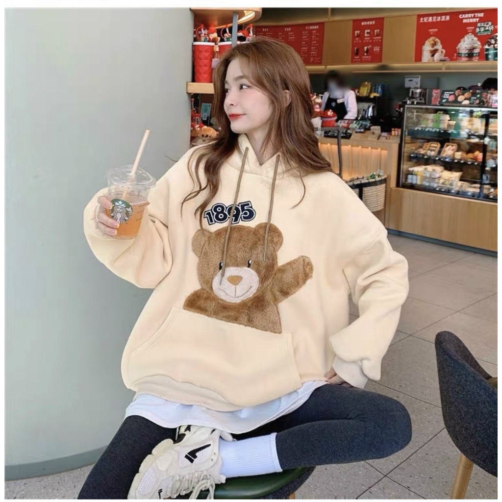 Áo Hooidie Nam Nữ Thêu Hình Con Gấu_ Áo Khoác Chống Nắng From Rộng Nón 2 Lớp Mẫu Hot Trend