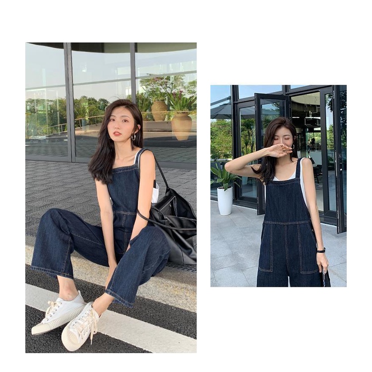 Quần yếm jean lưng cao ống rộng phong cách Hàn Quốc