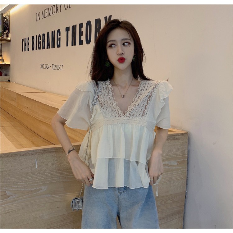 Áo kiểu thời trang Hàn Quốc cổ chữ V nhún bèo tay ngắn form rộng chất liệu chiffon