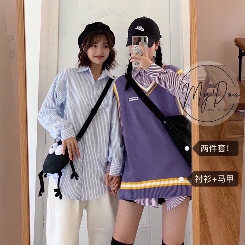 Áo gile len tím phối kẻ viền dáng rộng (có ảnh thật) hàng qc siêu mịn - Áo gile tím hot hit có ảnh thật