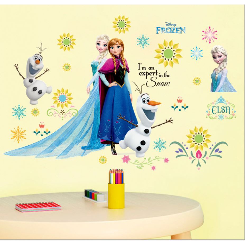 Decal dán tường hoạt hình Elsa Anna hoa mặt trời