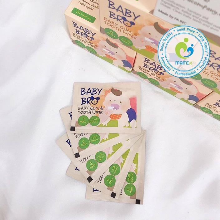 Khăn giấy (25 miếng) gạc tưa lưỡi Xylitol vệ sinh răng miệng cho bé 0-3 tuổi Babybro gum &amp; tooth wipes, Hàn Quốc