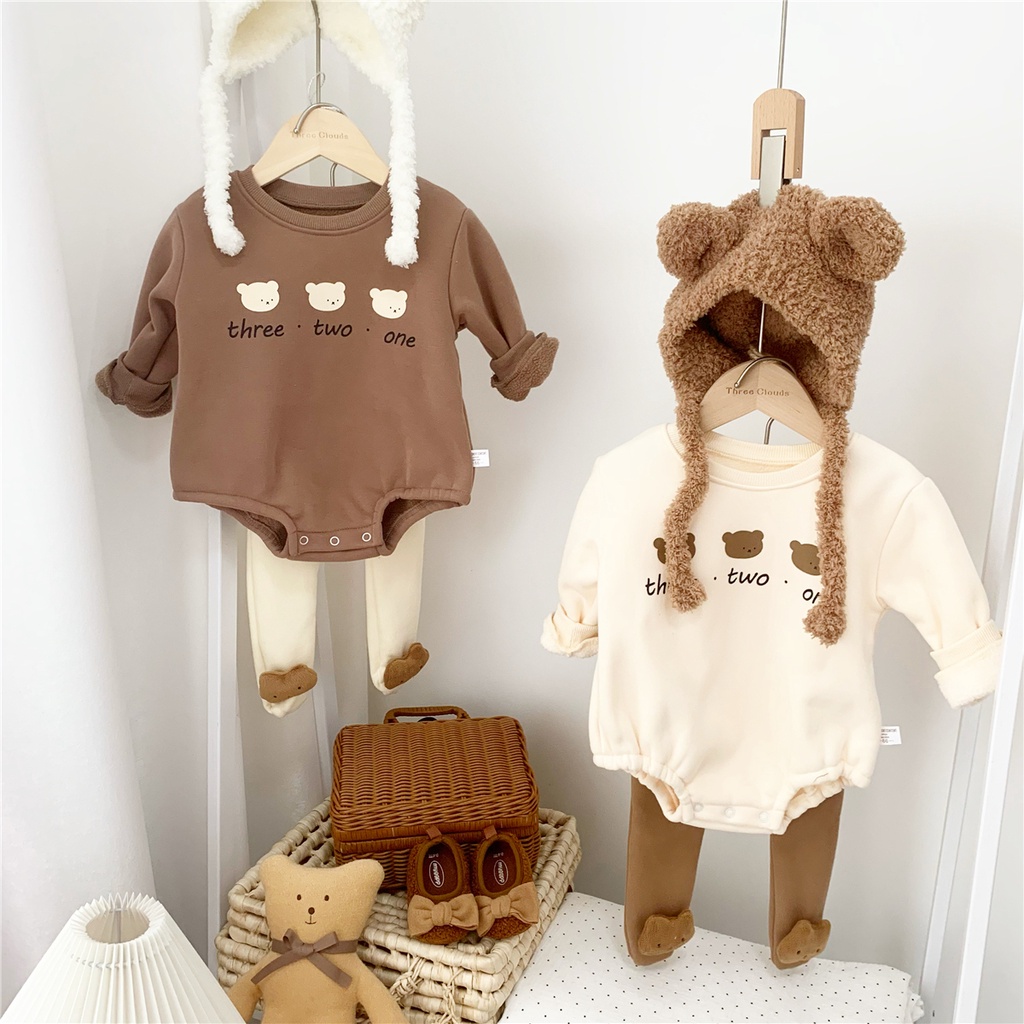 Áo liền quần nhồi bông dày hình 3 chú gấu kiểu mùa đông cho em bé