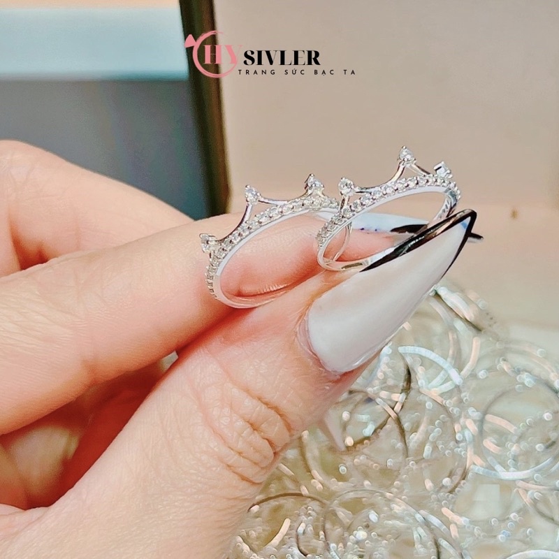 Nhẫn bạc ta vương miện 3 chóp đính đá nữ tính trẻ trung nhẫn nữ bạc thật giá rẻ