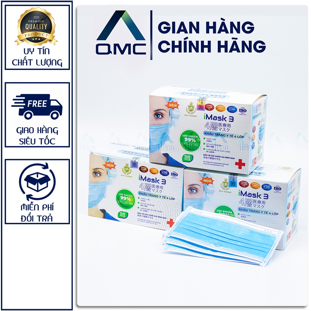 Khẩu trang y tế, Khẩu trang DUY KHÁNH kháng khuẩn 4 lớp, hàng chính hãng, hộp 50c #QMC