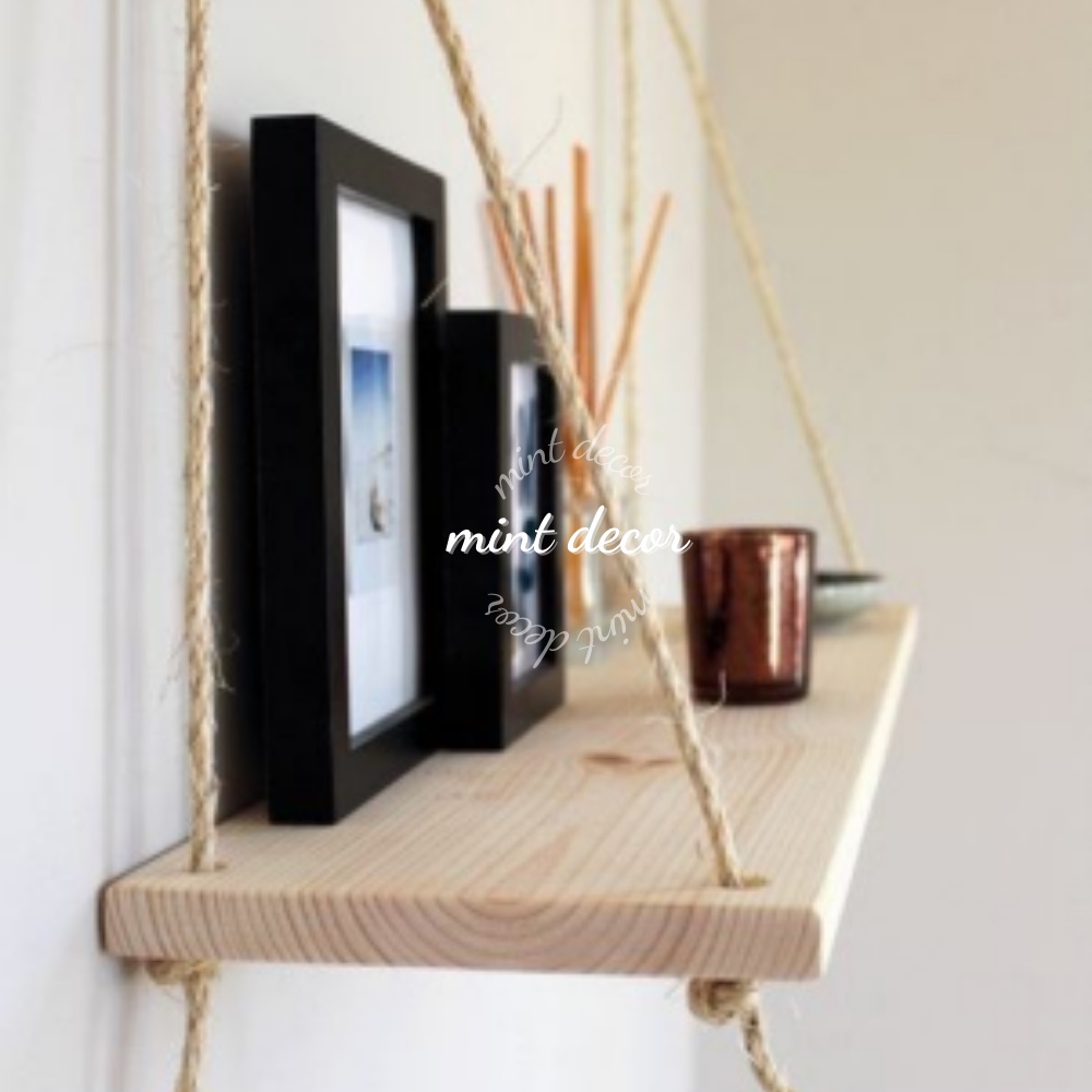Kệ gỗ trang trí dây thừng treo tường phòng khách ban công 1 thanh