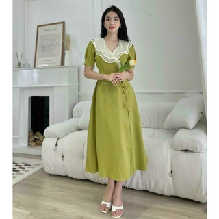 ĐẦM NỮ HOT TREND DÁNG DÀI FORM CHỮ A CỔ PHỐI VOAN BÈO 2 LỚP CÓ DÂY BUỘC NƠ EO (2 MÀU)
