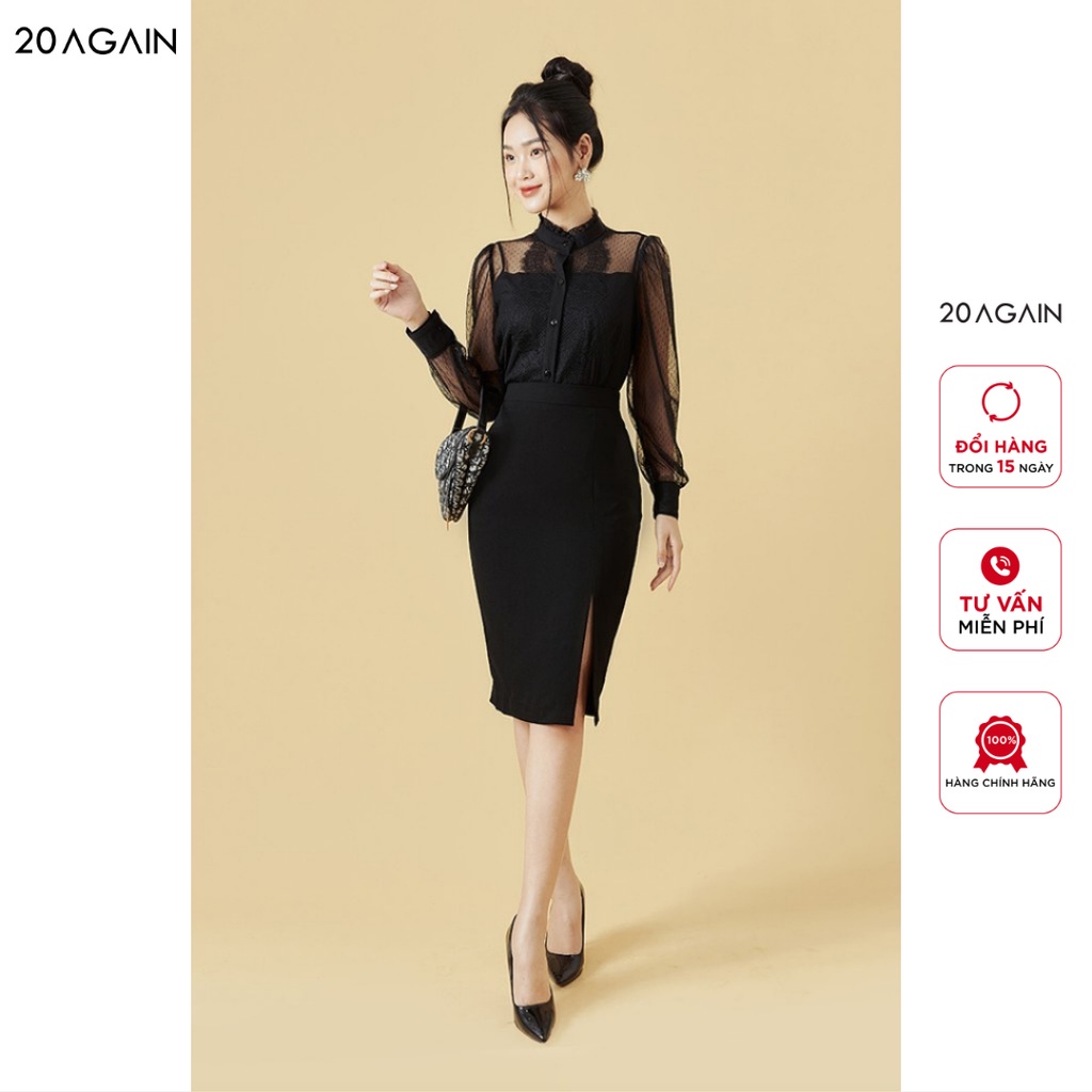 Áo sơ mi ren cổ tàu 20AGAIN, thiết kế tiểu thư, chất lưới cao cấp ASA1689 - Hàng mới về