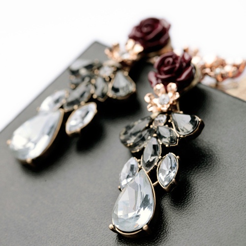 Khuyên tai đơn thiết kế hình hoa hồng đính đá quý nhân tạo sang trọng dành cho nữ