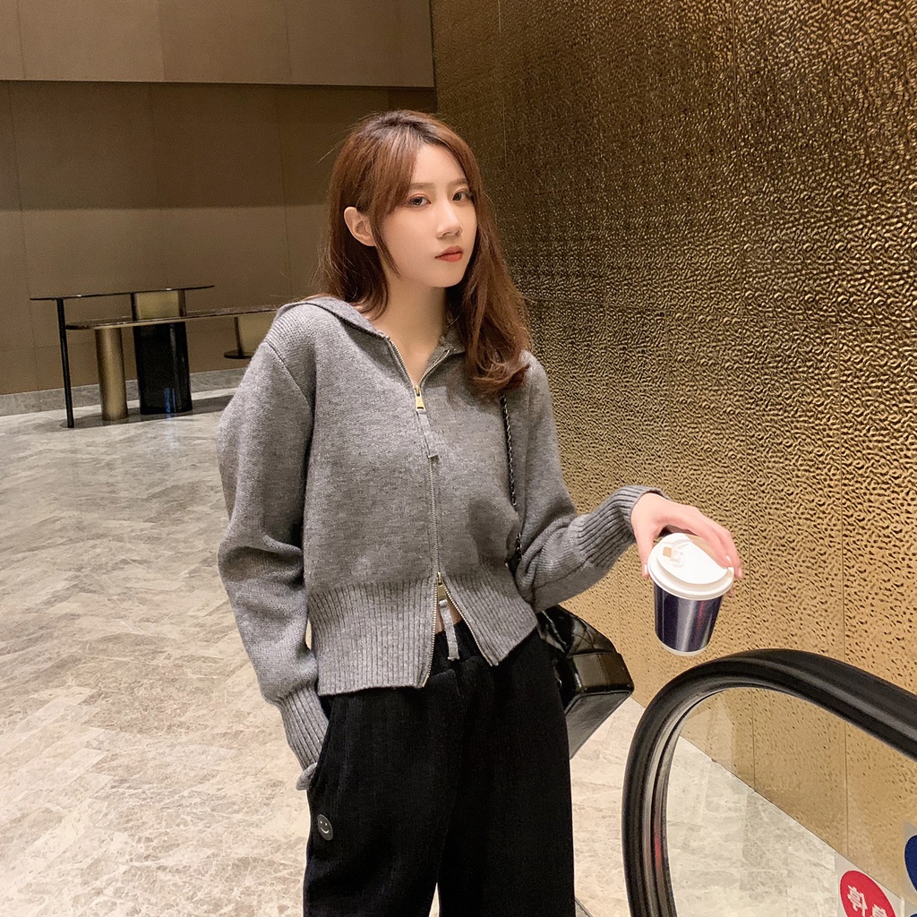 Áo khoác cardigan có nón trùm dệt kim tay dài màu trơn đẹp mắt