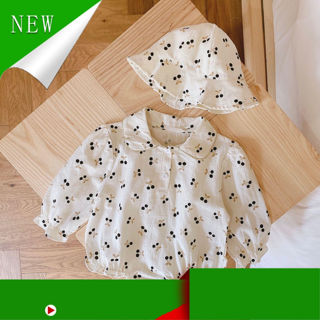 Set Jumpsuit Tay Dài Hoạ Tiết Cherry + Nón Cho Bé Gái