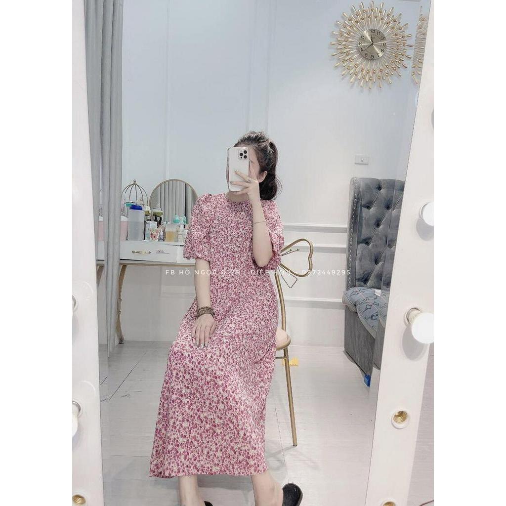 váy hoa nhí vintage dáng dài cổ tròn kiểu dáng hàn quốc