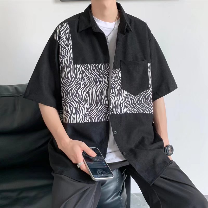 Áo Sơ Mi Tay Ngắn Dáng Rộng In Da Báo Kiểu Hàn Quốc Thời Trang Cho Nam