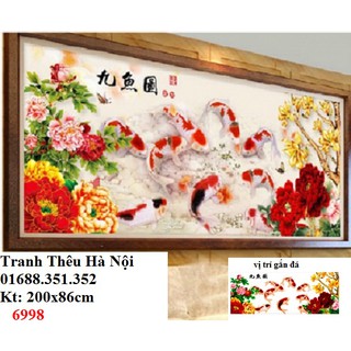 tranh đính đá cá chép hoa mẫu đơw cửu ngư quần hội kt 200x86cm