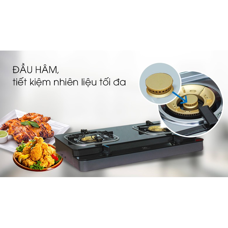 Bếp ga đôi Electrolux ETG728GKR ( HÀNG TRƯNG BÀY ) + TẶNG DÂY GAS , mặt kính cường lực dễ vệ sinh , bếp có đầu hâm