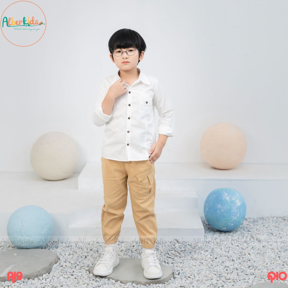 Sét đồ bộ bé trai ALBER áo sơ mi quần dài  phong cách Hàn Quốc cho trẻ em 5,6,7,8,9,10,11,12 tuổi [A19, Q10]