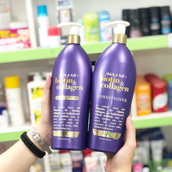 Combo Dầu gội & xả OGX Thick and Full Biotin and Collagen Shampoo 750ml