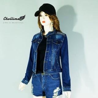 Chollima - Áo khoác jean nữ cổ trụ thêu màu xanh đậm