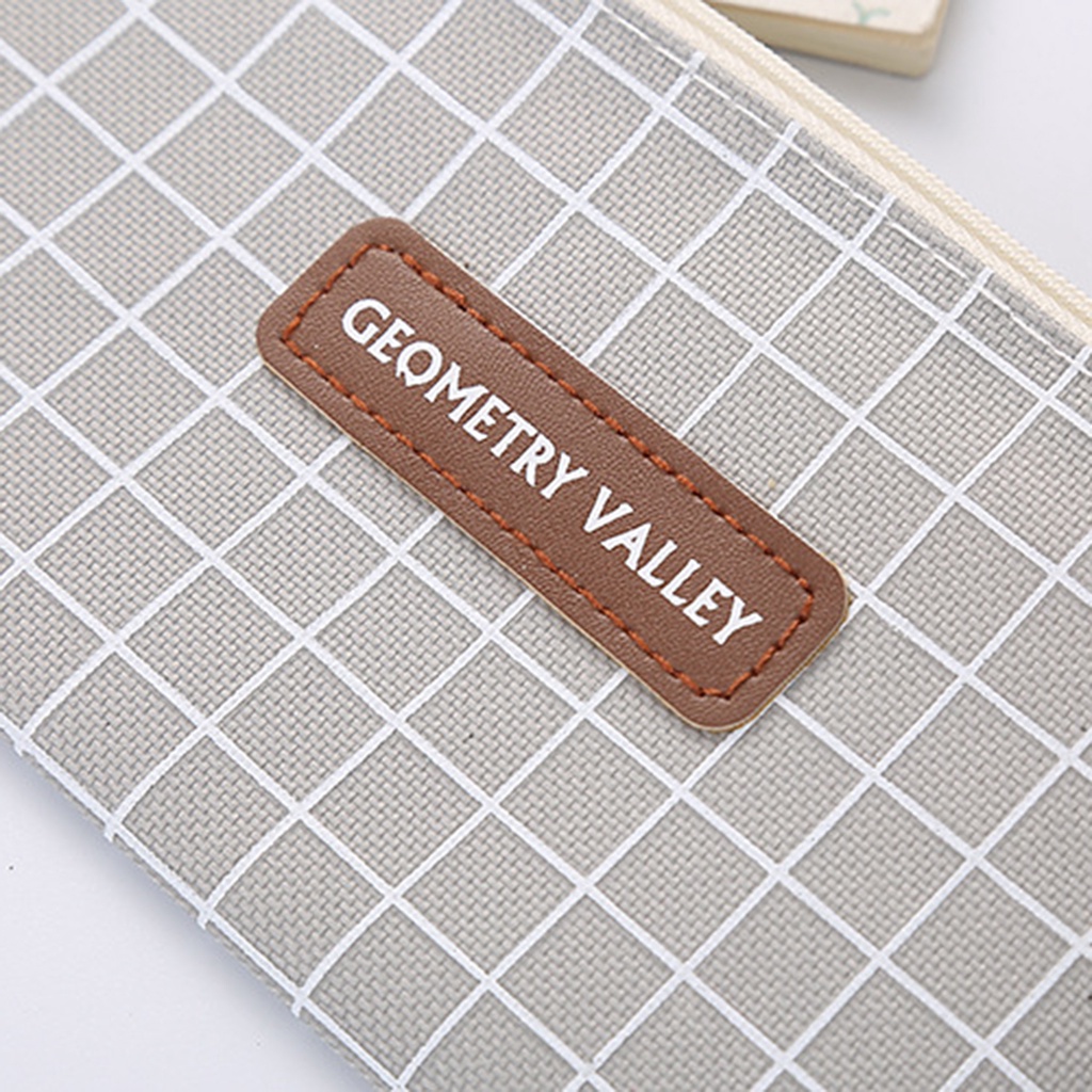 Túi đựng bút bằng vải bạt họa tiết kẻ ô đơn giản sức chứa lớn phong cách Hàn Quốc