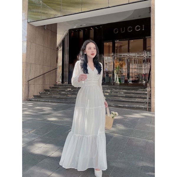 Maxi voan tay dài phối ren trắng đỏ vàng, đầm váy thời trang nữ tiểu thư dễ thương đi chơi du lịch đi biển chụp hình