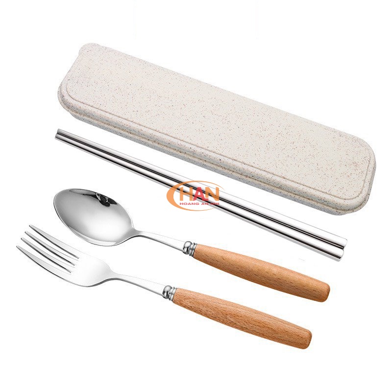 Bộ thìa muổng inox cán gỗ cao cấp có hộp đựng lúa mạch tốt cho người dùng