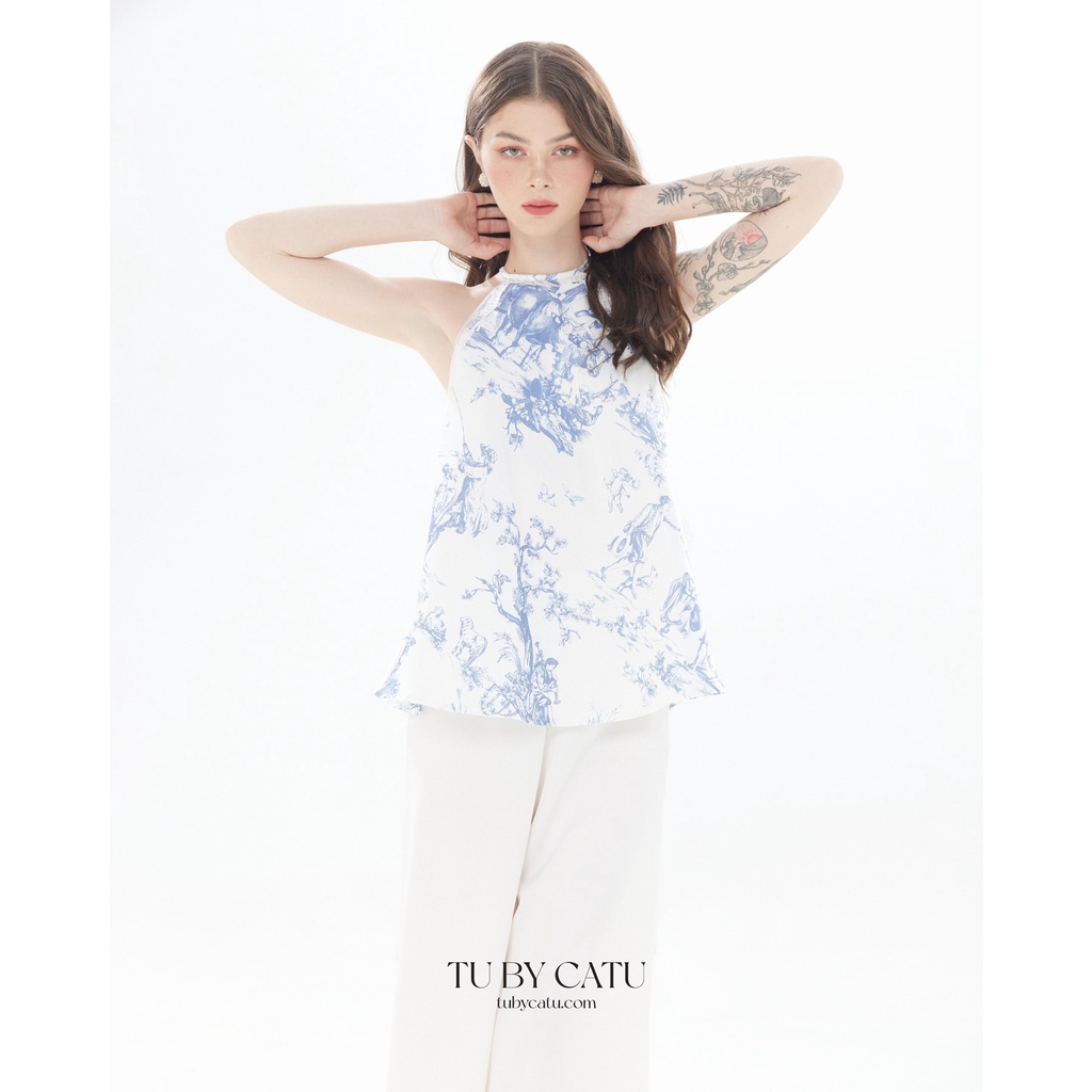 TUBYCATU | Áo yếm Silas White Top hoạ tiết xanh dương