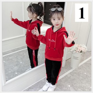 Bộ nhung hoodie lót nỉ bé gái