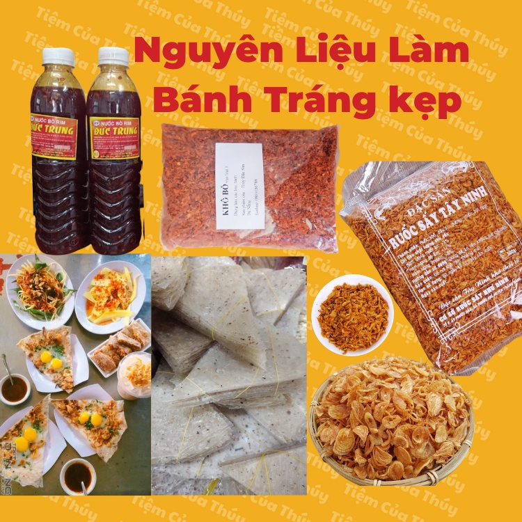 Nguyên liệu làm bánh tráng kẹp Đà Nẵng chuẩn vị gồm bánh tráng bò vụn hành phi nước tương tép sấy