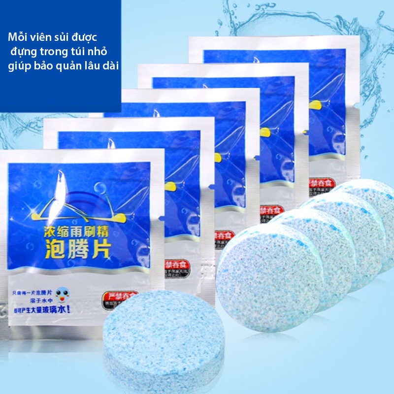 Hộp 10 Viên Sủi Rửa Kính Xe Ô Tô Siêu Sạch, Vệ Sinh Làm Sạch Kính, Gương Xe. 1 Viên Pha Được 4L Nước