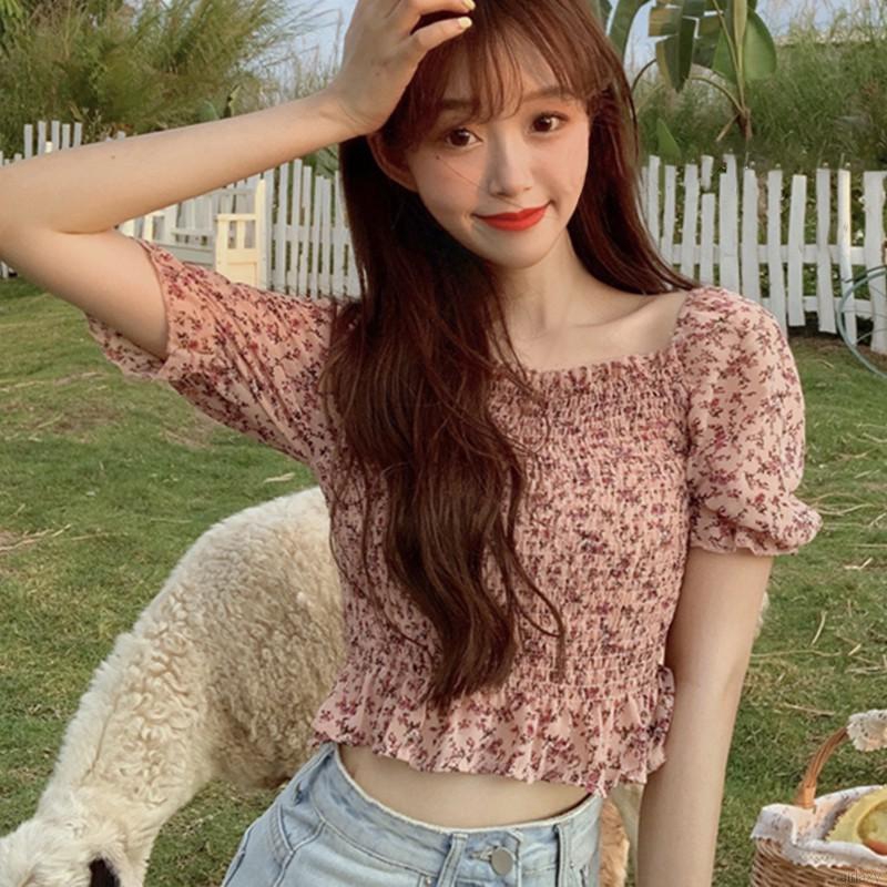 Áo chiffon nữ tay ngắn cổ vuông in hoa phong cách Hàn Quốc xinh xắn