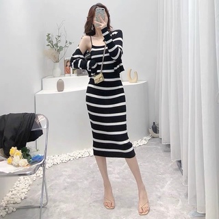 Set váy len dây body kèm áo khoác len