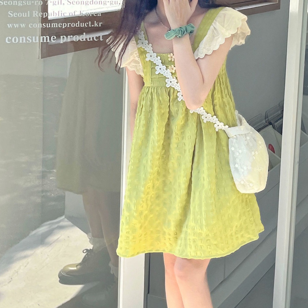 Đầm babydoll Đầm Dáng Chữ a Tay Bay Phối Ren Họa Tiết Hoa Cúc Màu Xanh Lá Ngọt Ngào Thời Trang Mùa Hè Cho Nữ