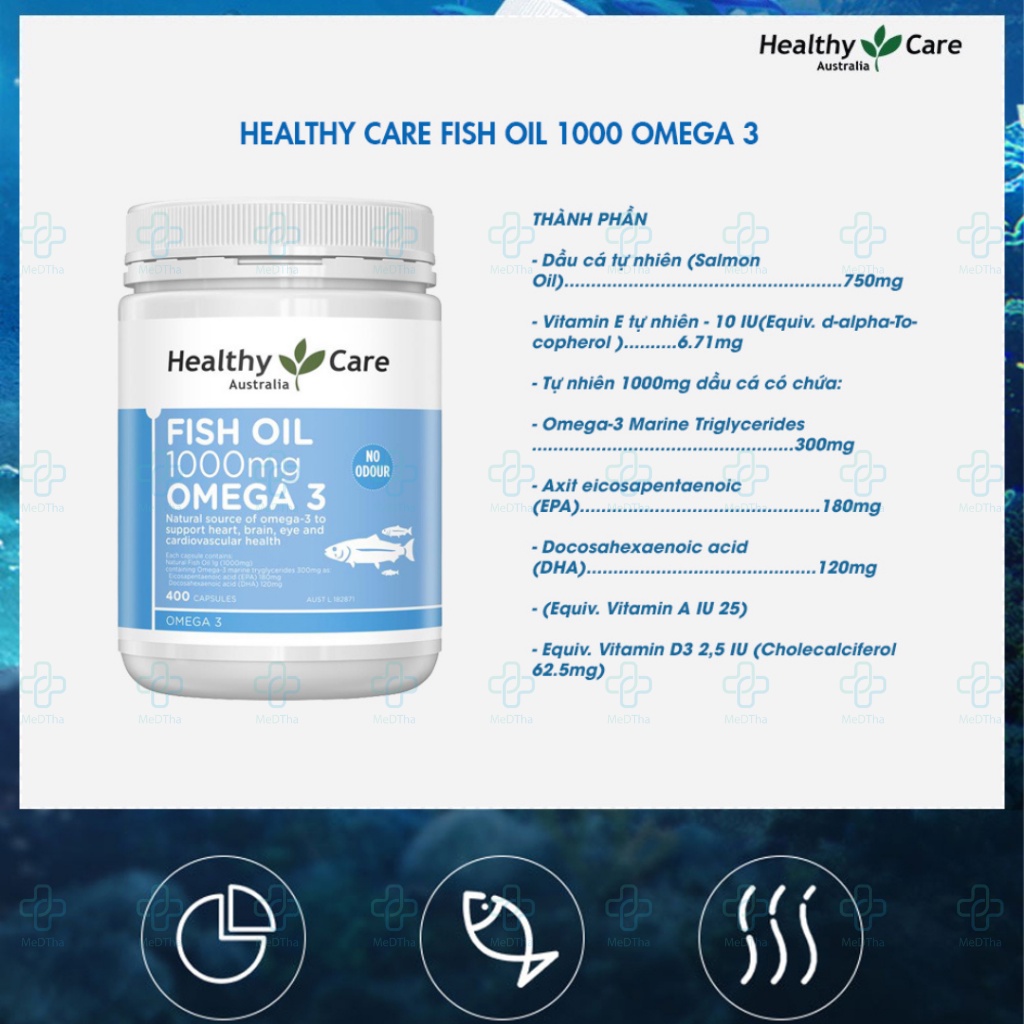 Dầu Cá Omega 3 Healthy Care - Bổ Não, Bổ Mắt, Tim Mạch, Omega 3, DHA, Vitamin E (Lọ 400 Viên)