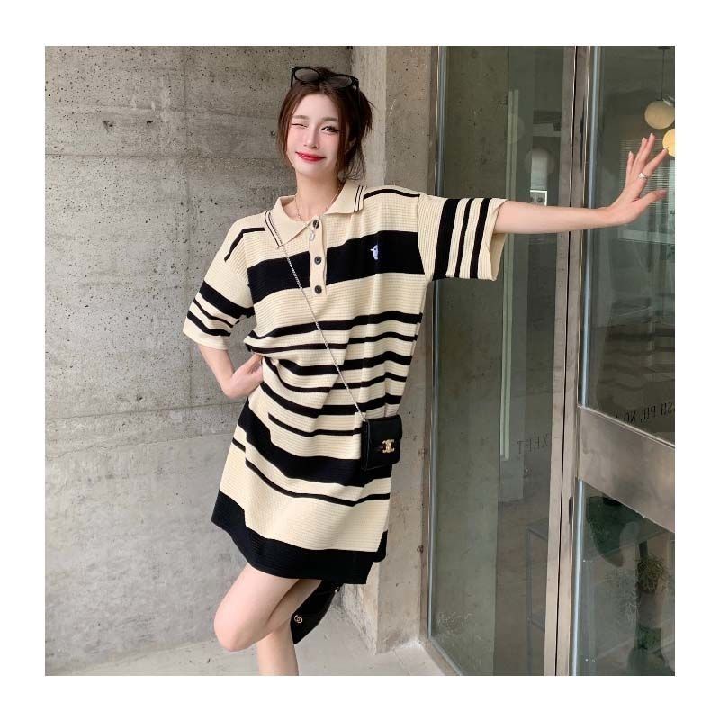 COZOK Đầm polo Dệt Kim Tay Ngắn Kẻ Sọc Thời Trang