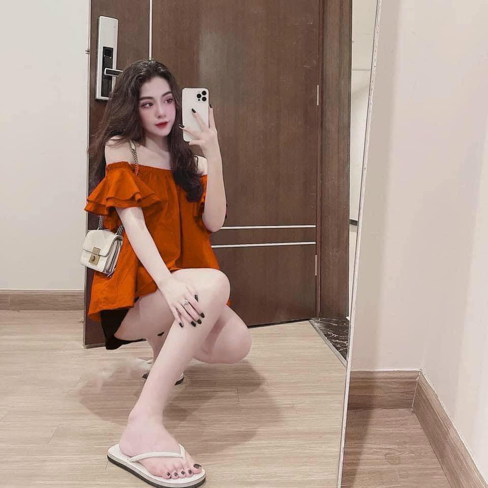 Set Áo Trễ Vai 🍓  𝑺𝑰𝑬̂𝑼 𝑿𝑰𝑵𝑯 🍓  Hai Màu Tím Hồng, Cam Đất Kết Hợp Quần Sóoc Phồng Trắng Cho Nữ A2 | BigBuy360 - bigbuy360.vn