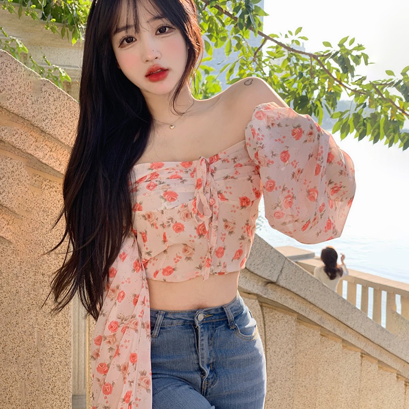 Áo Crop Top Vải Voan Tay Dài Phồng Trễ Vai In Hoa Kiểu Retro Hàn Quốc Xinh Xắn Cho Nữ