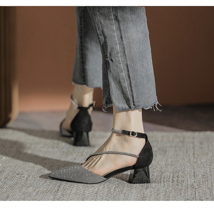 Giày sandal cao gót mũi nhọn đính đá gót vuông phong cách Hàn Quốc (782)