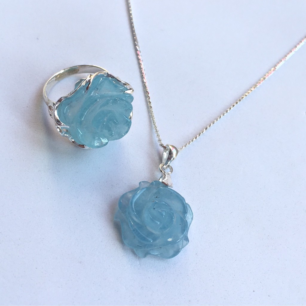 Mặt Hoa Mẫu Đơn đá Aquamarine xanh thiên nhiên Tặng kèm móc bạc và hộp đỏ