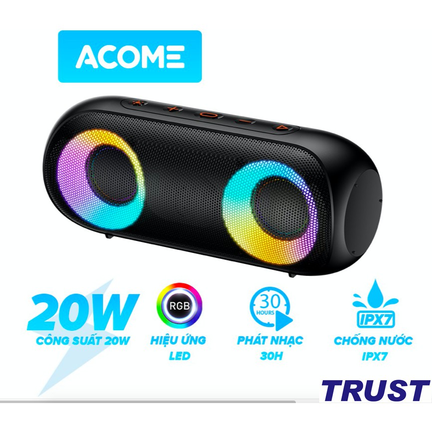 Loa Bluetooth ACOME A20 Công Suất 20W Hiệu Ứng LED RGB Chống Nước IPX7 30H Sử Dụng Liên Tục - Hàng Chính Hãng