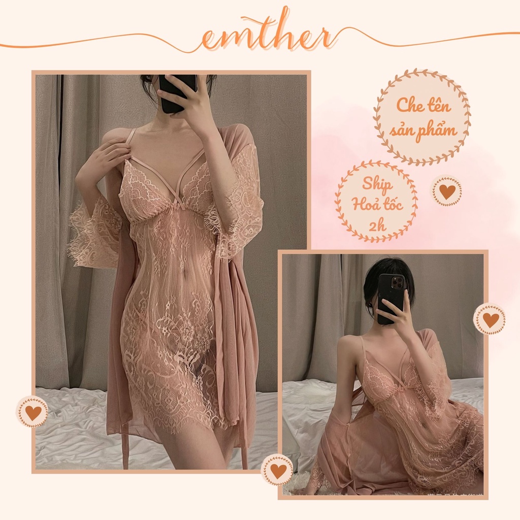 Váy ngủ sexy gợi cảm kèm áo choàng phối ren xuyên thấu Đầm hai dây mặc nhà quyến rũ cho nữ EMTHER - VN39