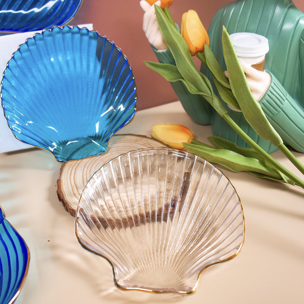 Bộ bát đĩa Thủy Tinh 💚VỎ SÒ 💚 Bộ Đĩa decor nhà bếp 💚 Set đĩa vỏ sò đáng yêu
