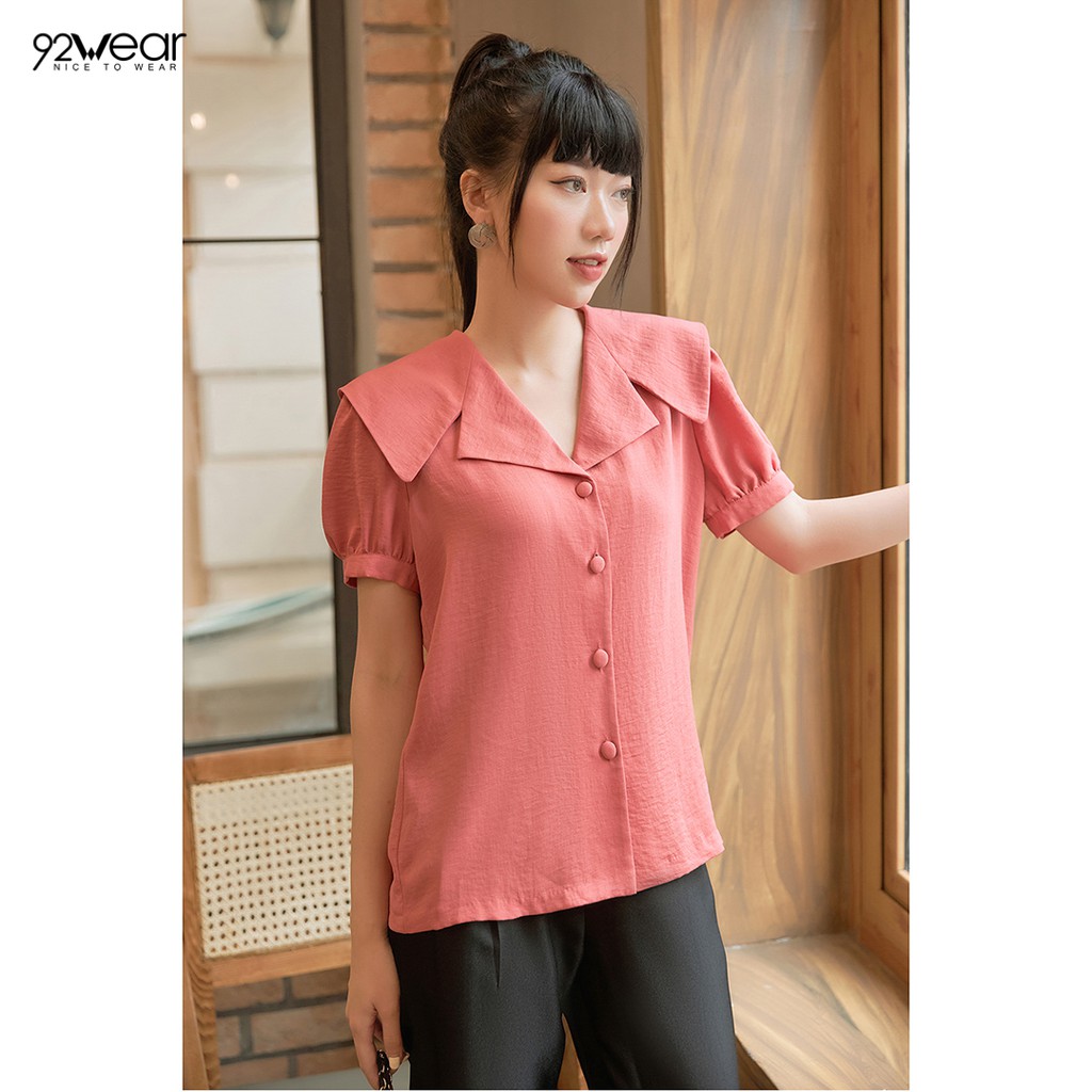 Áo sơ mi nữ công sở 92WEAR (2 MÀU) đủ size, ngắn tay cổ 2 Ve ASW0808 | BigBuy360 - bigbuy360.vn
