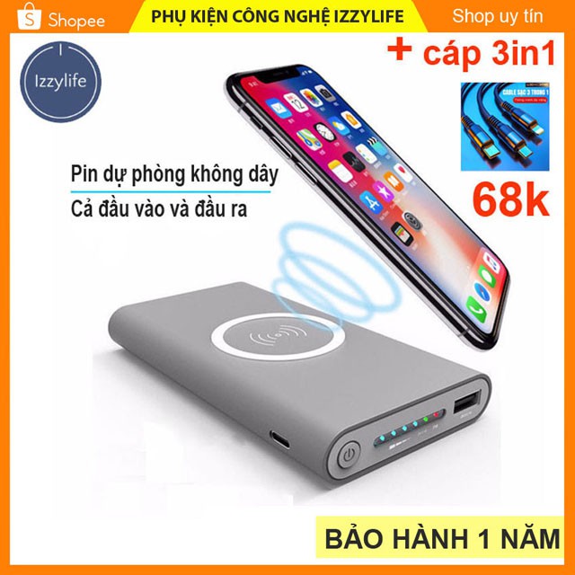 [TẶNG CÁP SẠC 3IN1 WEHOME] Pin dự phòng không dây QI 10000mAh, sạc và tự sạc không dây và có dây, pin lithium, sạc nhanh